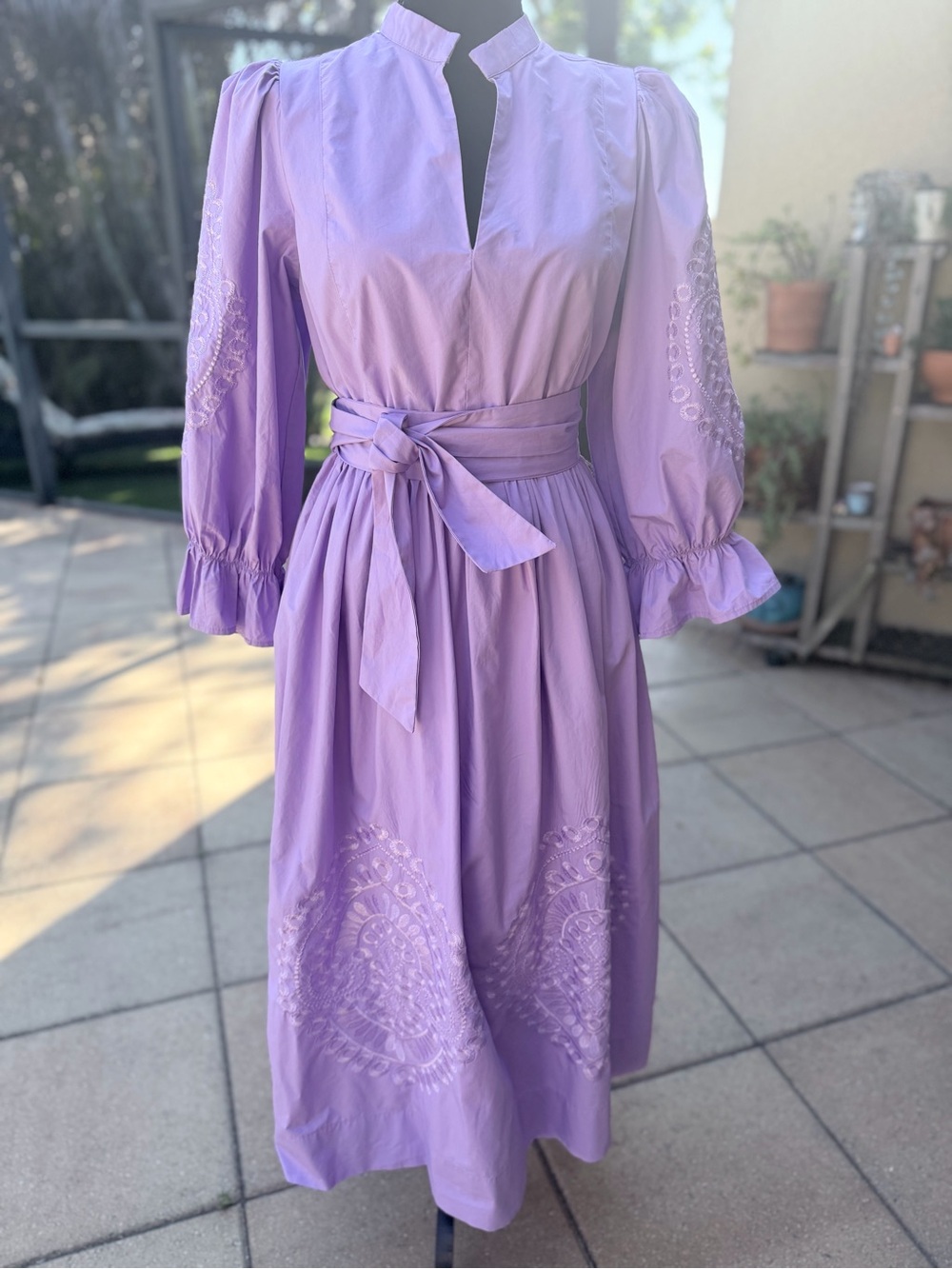 Tuckernuck Hyacinth House Lilac Dowling Embroidered Midi Dress with Waist Sash